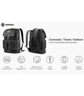 tomtoc A90 (15-15.6") Vintage Backpack, Black