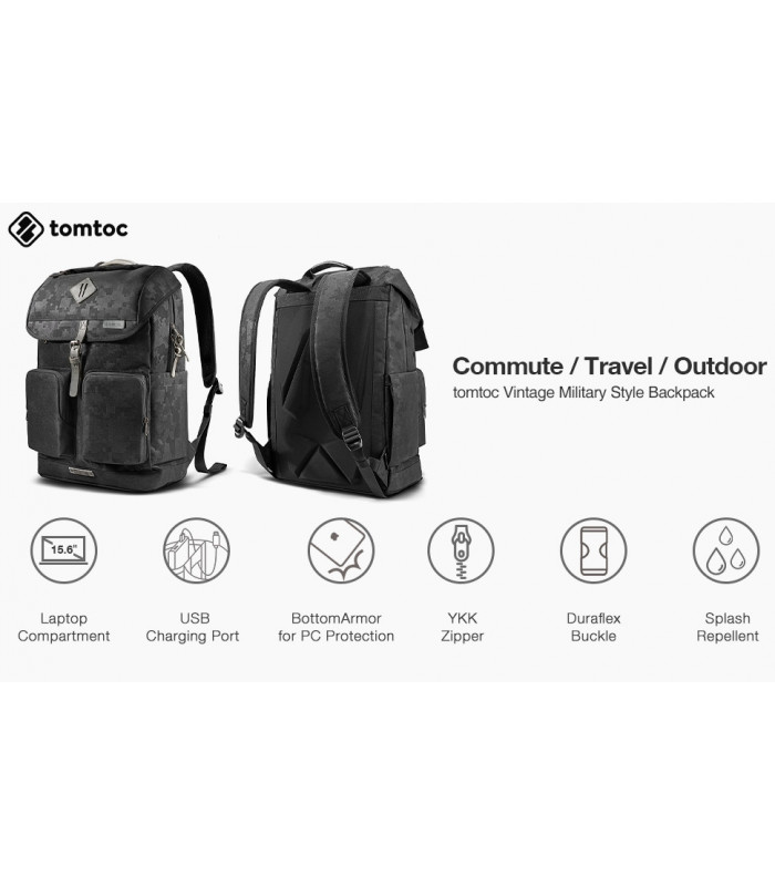 tomtoc A90 (15-15.6") Vintage Backpack, Black