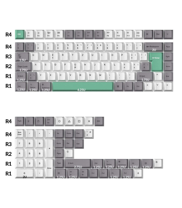 PBT Gray White Mint Full Set Keycaps (CH) Cherry